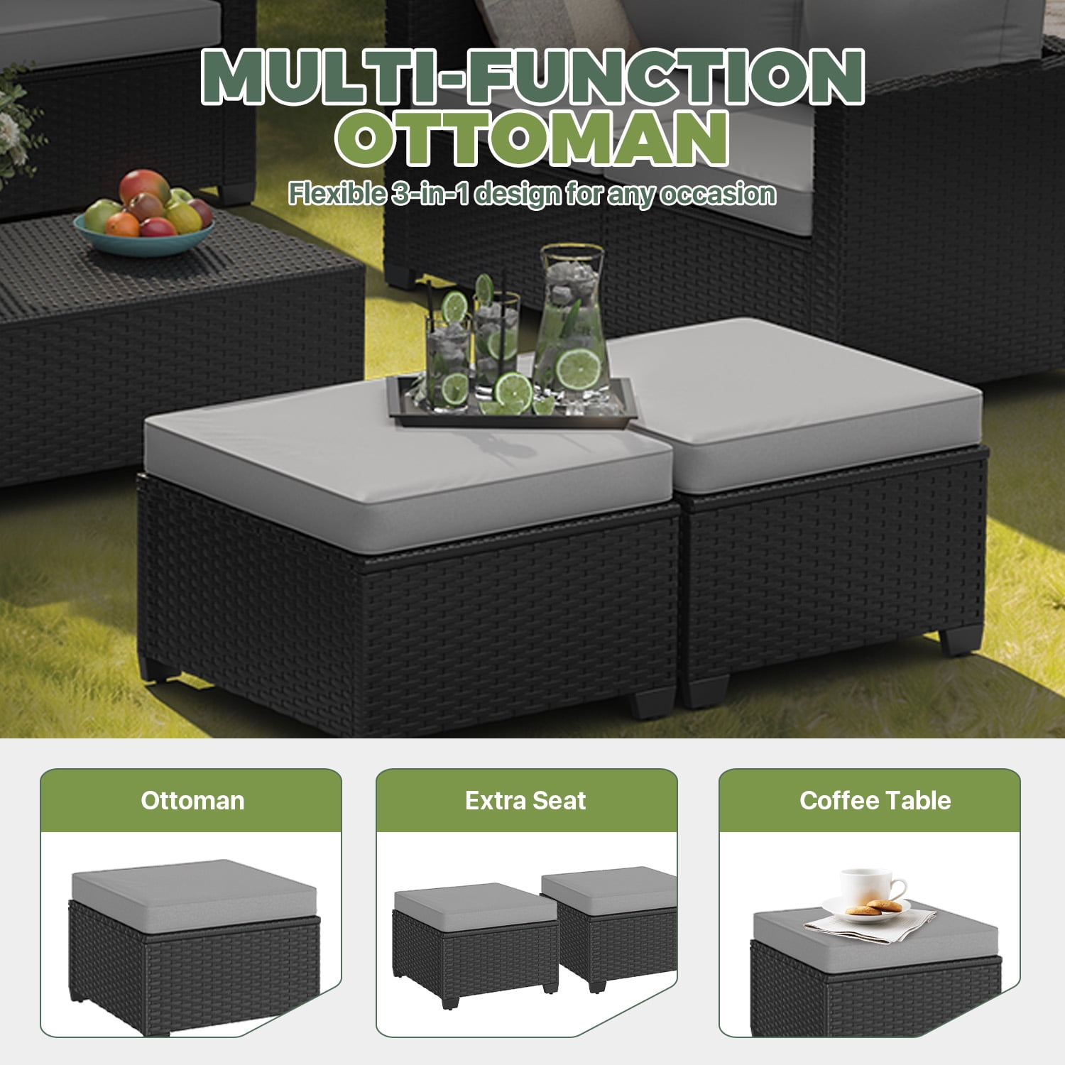 BaPiPro 7-Piece Gray PE Rattan Outdoor Sectional Sofa Set, Patio Furniture with Storage Table, Convertible Ottomans & Weather Resistant Cushions for Backyard & Poolside