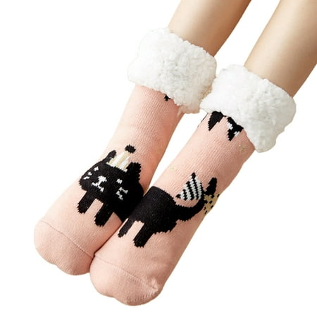 

Women Winter Warm Fuzzy Faux Fleece Lined Slipper Socks with Non Slip Grippers Christmas Reindeer Knitted Floor Hosiery