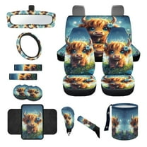 Yuyamidu Highland Cow Car Seat Covers Set 14pcs Cute Auto Seat Protector with Steering Wheel Cover Seat Belt Pads Garbage Bag Armrest Cover Handbrake Cover Set Rear View Mirror Protector Coasters
