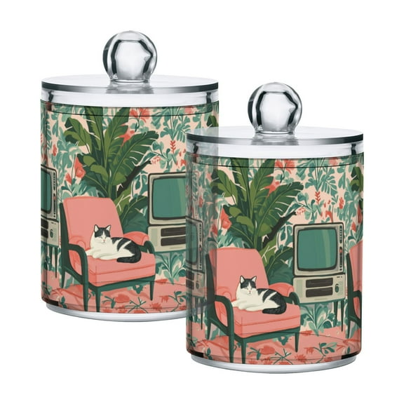 Yayeee 2 Pack Qtip Holder Bathroom Cotton Swab Canister with Lid Clear Dispenser Set, Pink and White Cat