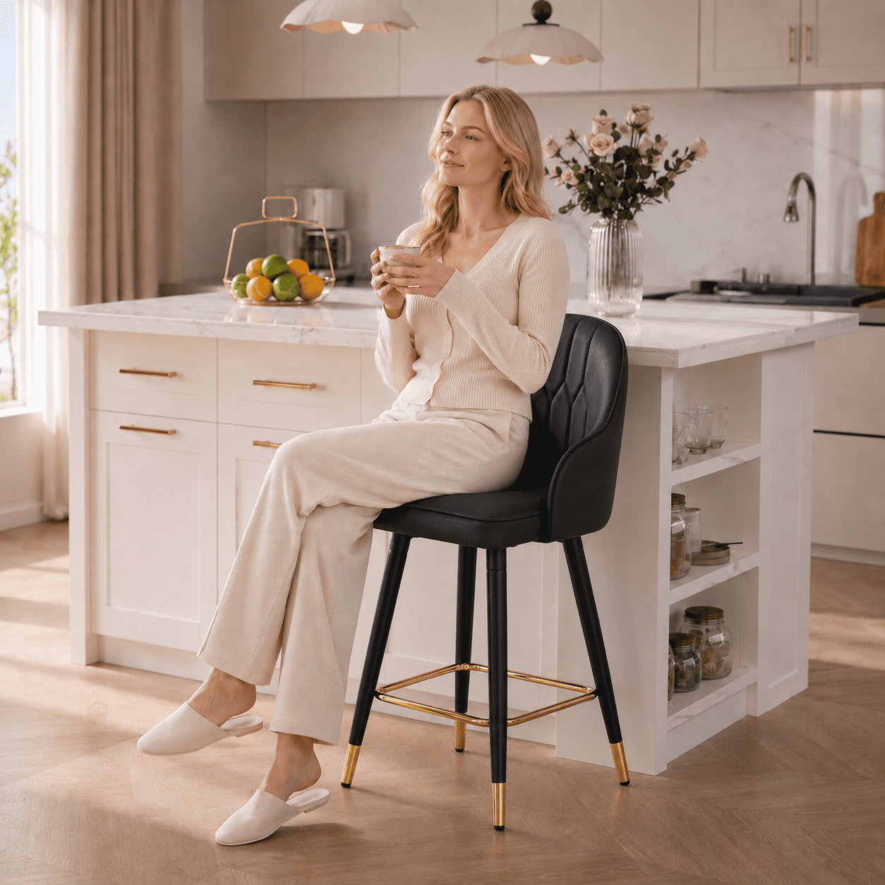 StnTalk Bar Stools Set of 2, Counter Height Barstools with Backs, Black PU Leather Kitchen Stools with Gold Footrest & Stable Metal Legs, Modern Upholstered Chairs for Kitchen Island