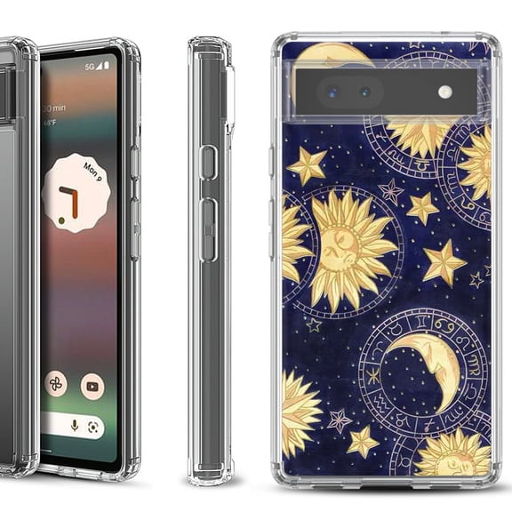 Shockproof Bumper Phone Case for Google Pixel 6a, by OneToughShield ® - Moon Sun Star