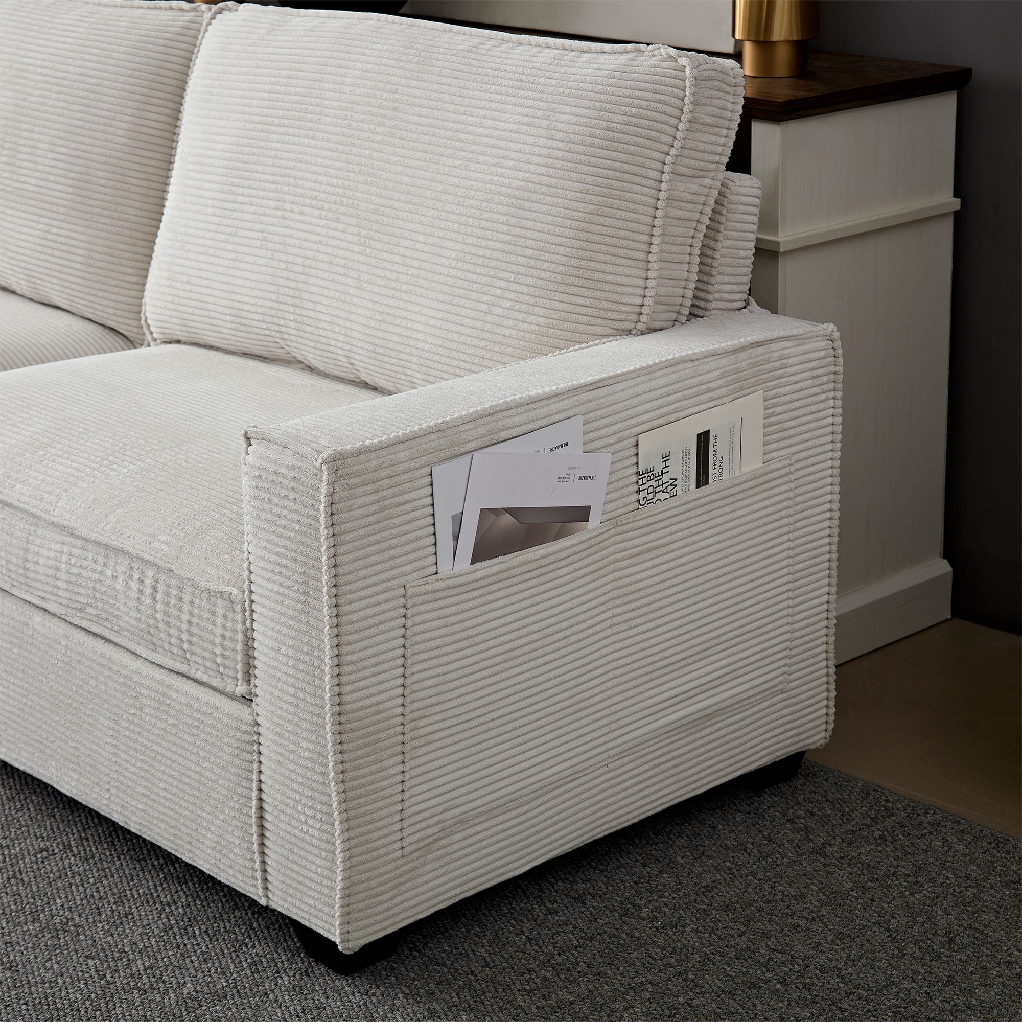 Aukfa 87" Comfy Sofa for Living Room,Deep Seat Loveseat Couch with Cupholder, Corduroy, White