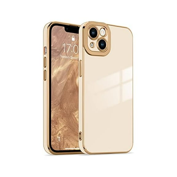 Compatible for iPhone 13 Case Cute, Luxury Golden Edge Electroplate Case for Women Girls, Full Camera Protection Shockproof Anti-Scratch Soft TPU Bumper Phone Case Cover for iPhone 13, White