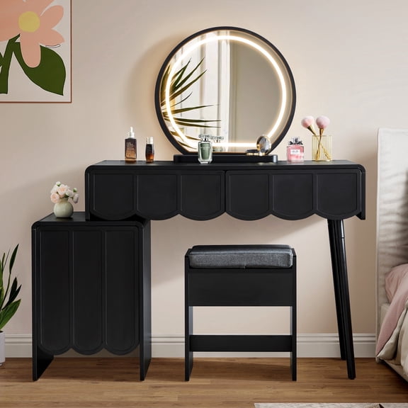 Wirrytor Modern Vanity Set with Mirrors and Chair,3 Color Led Light, Make up Desks Vanity with 2 Drawers and Storage Cabinet,Dressing Table Set for Women Girls Teen Adult,Wave Panel,Black