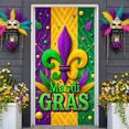 thumbnail image 5 of Colorful Mask Mardi Gras Banner Feather Adorned Carnival Display Purple Green Yellow Gold Accent Festive Backdrop for Carnival Party Mardi Gras Celebration Indoor Event, 5 of 9