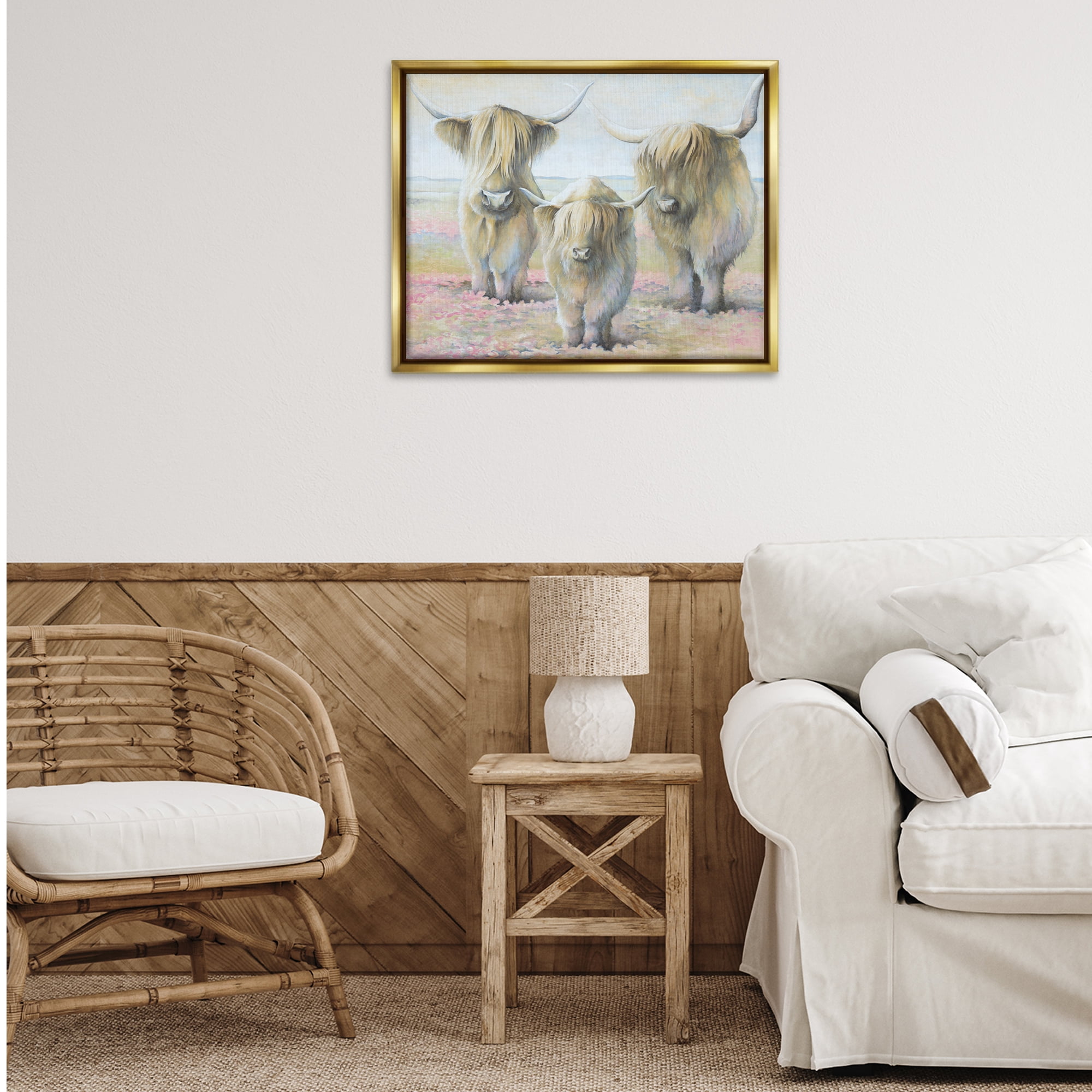 Stupell Industries Gentle Cattle Trio Animals & Insects Painting Gold Floater Framed Canvas Art Print Wall Art, 31 x 25