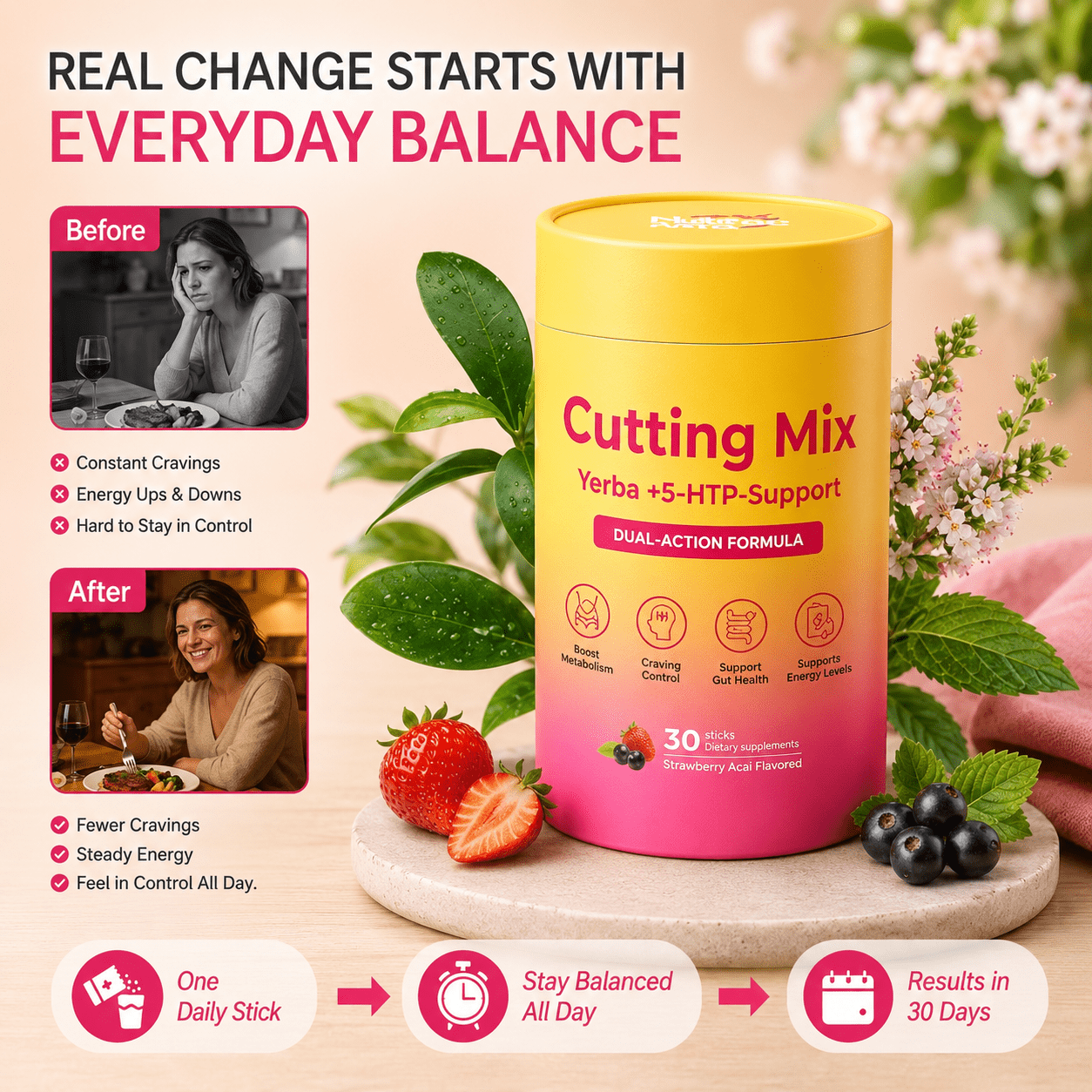Cutting Drink Mix Strawberry Açaí Flavor Sticks | Daily Wellness Beverage Mix with Yerba Mate, FOS & Chromium | Sugar-Free Energy & Digestive Support Drink | Vegan & Non-GMO | 30 Stick Packs