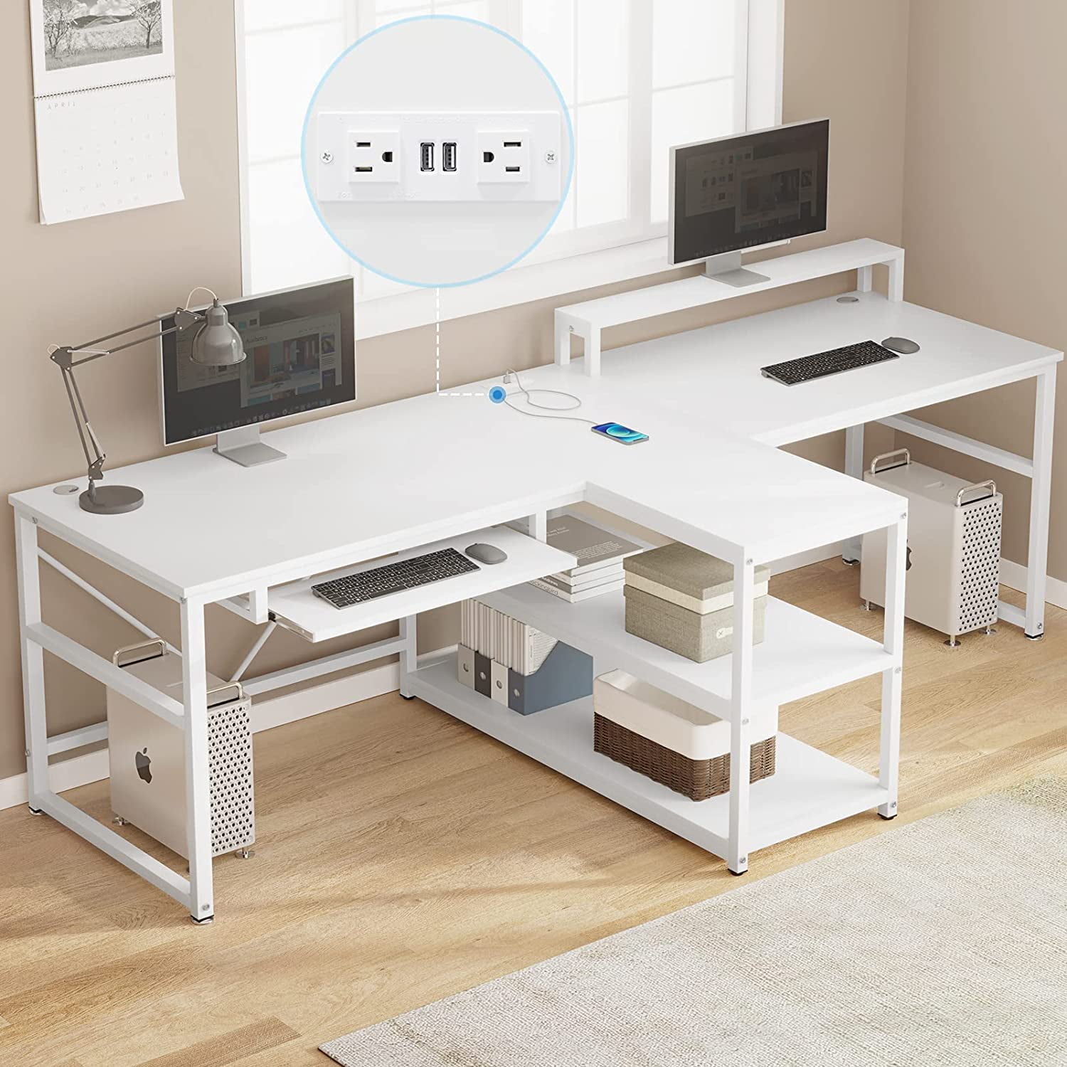 Viagdo 94.5 inches Computer Desk, Two Person Desk with Monitor Stand for Home Office, Power Strip with USB, White
