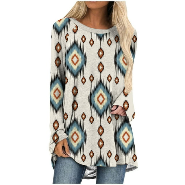 Pompotops Femmes Décontracté Vent Tribal Imprimé Manches Longues Col Rond Chandail Blouse T-shirt Hauts