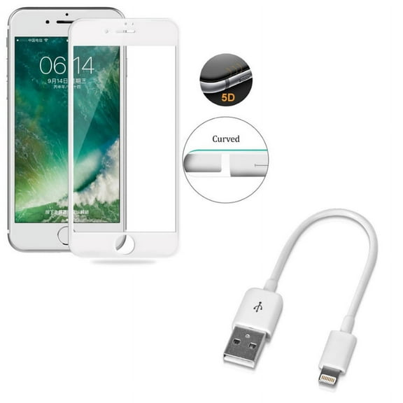 iPhone 8/7/6S/6 - Tempered Glass Screen Protector w Charger Short USB Cable - 5D Touch Curved Edge Full Cover Bubble Free Case Friendly, Cord Power Wire Fast Charge Sync for iPhone 8/7/6S/6