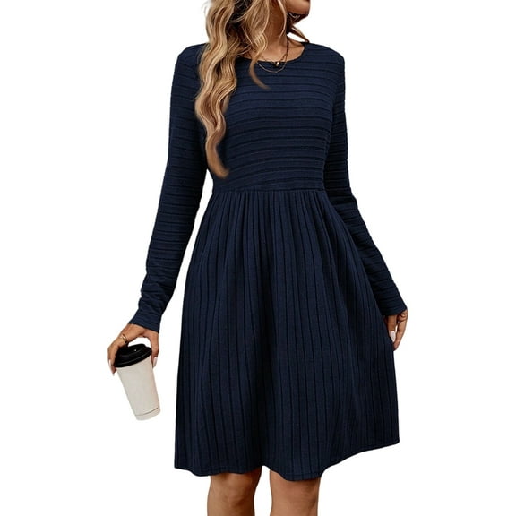 Women'S Casual Sweater Dress Crew Neck Knit Long Sleeve Dress A-Line Knee Length Fall Winter Dress Dark Blue L