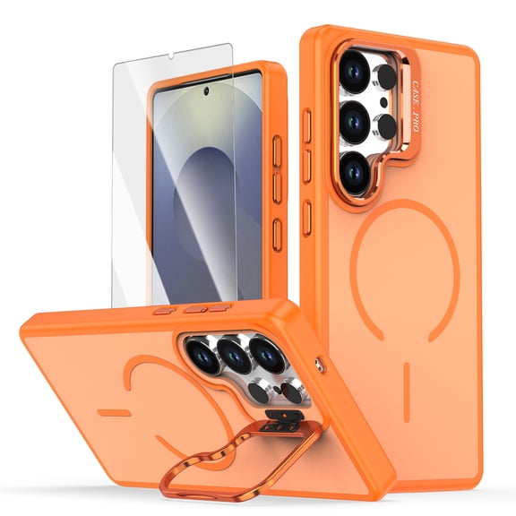 ELEHOLD Magnetic Case for Samsung Galaxy S25 Ultra, Shockproof Drop Protection Phone Case with Kickstand,Screen Protector Included,Orange
