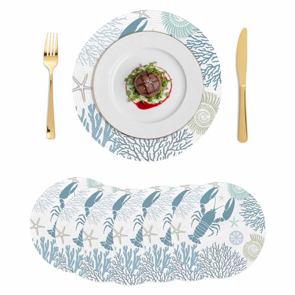 Teal Blue Coastal Round 13 Inch Placemats Set of 6, Summer Lobster Coral Nautical HeatResistant Non Slip Place Mats for Dining Table, Wipeable Braided Kitchen Table Mats for Housewarming