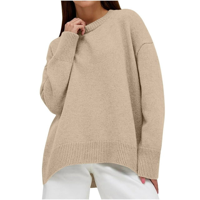 Besolor Chandails d'Automne Printemps pour Femmes 2024 Décontracté Col Rond Manches Longues Pull Tricoté