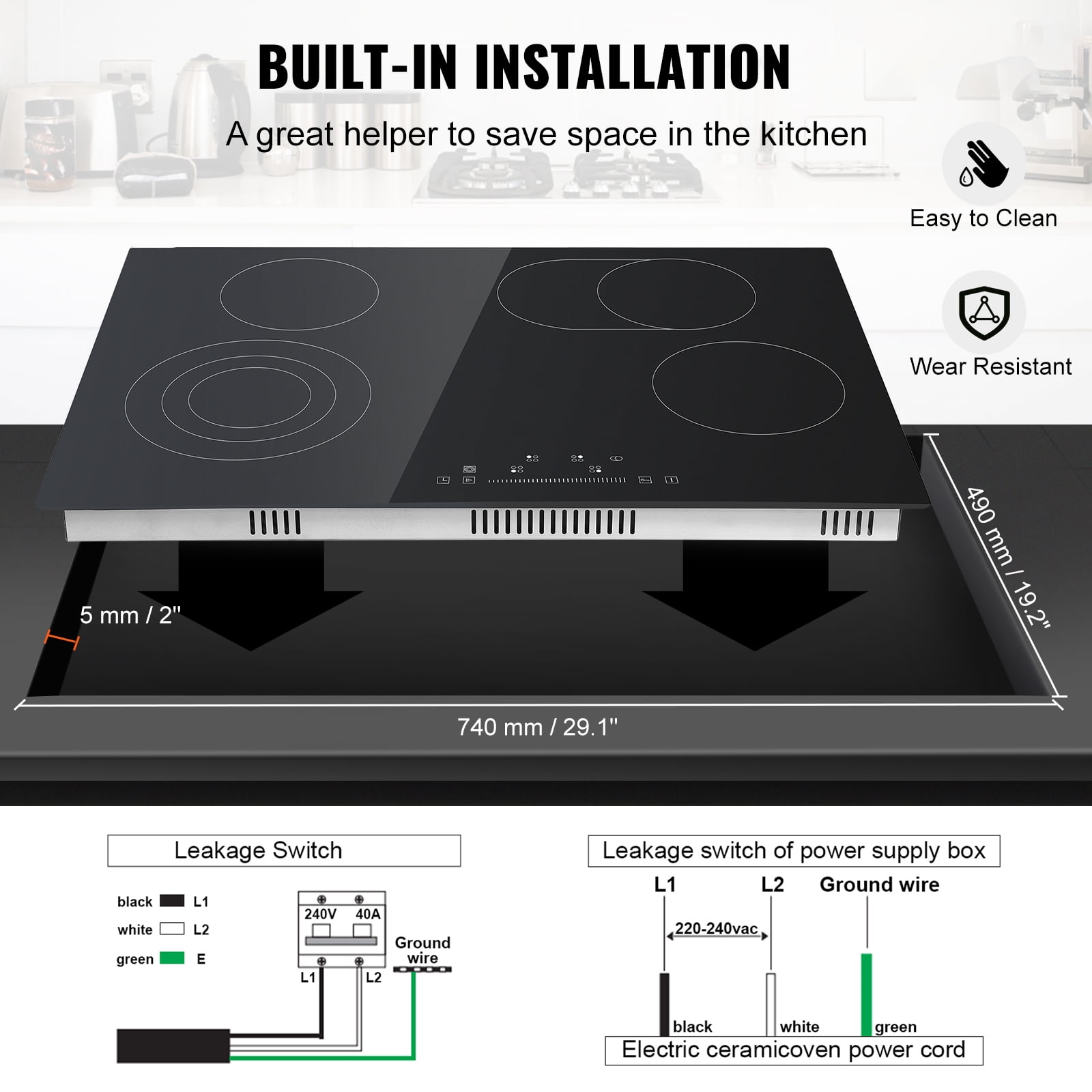 VEVOR 7200W Built-in Electric Cooktop Radiant Ceramic Induction Cooktop Cooktop 4 Burners Sensor Touch Stov 30.3''x20.5''