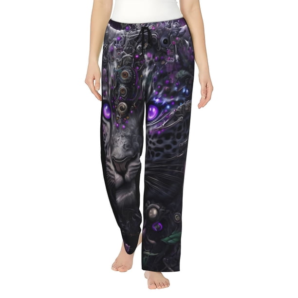 Fotbe Purple-Eyed Floral Leopard Pantalones de Pijama para Mujer, Pantalones de Dormir, Pantalones Pj con Cordón y Bolsillos-3X-Large