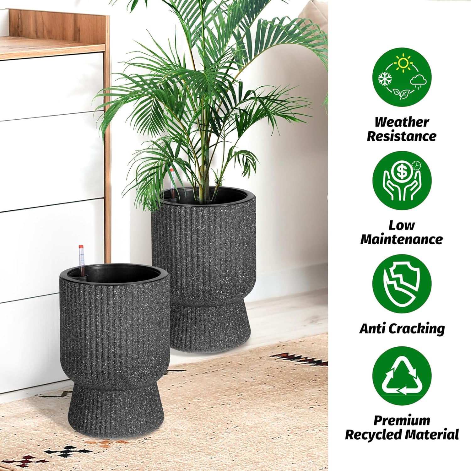 Riedhoff 14.2" Planters Pots Set of 2, with Inner Bucket & Water Level Monitor, Marble Black