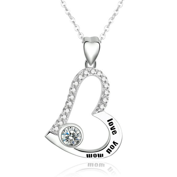 Women's 925 Sterling Silver Love You Mom Pendant Necklace Cubic Zirconia Heart Necklace