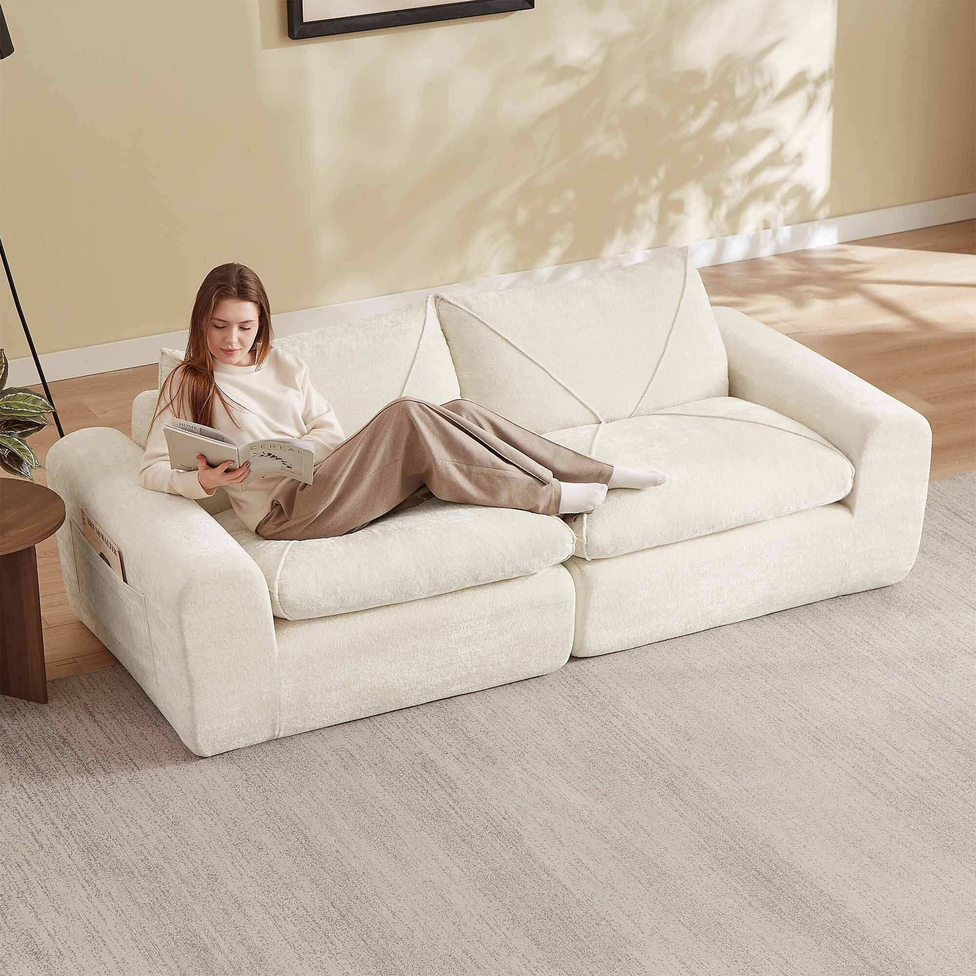 Lunale Small Boneless Cloud Sofa, Modern 2-Seater Chenille Couch with Side Pockets for Living Room, Apartment, Beige