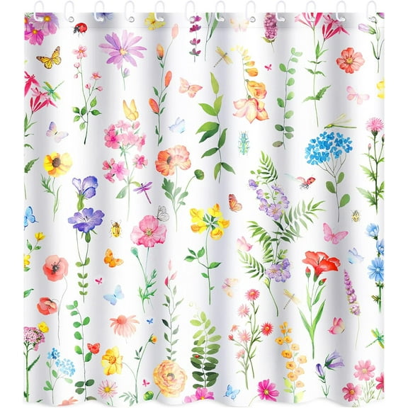 Spring Flower Shower Curtains for Bathroom Floral Plant Shower Curtain with 12 Hooks Watercolor Polyester Fabric Shower Curtain for Home Bathroom, Machine Washable, 72 x 72 Inch