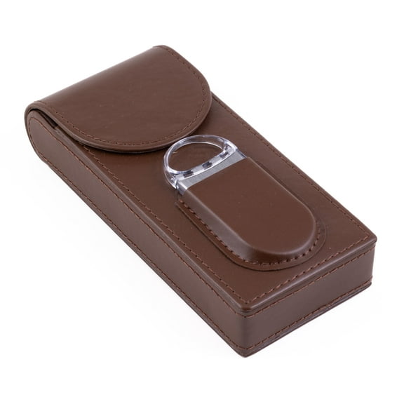 3 Cigar Leather Case w/ Magnetic Closure & Cutter - Brown