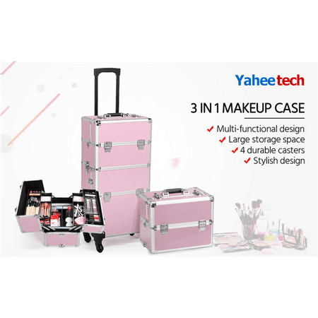 - Aluminum 4 Removable Rolling Wheels Makeup Case Salon Cosmetic Organizer Trolley Train Case Makeup Case (Pink)
