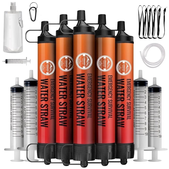 5 PACK Portable Water Filter Straw Mini Water Purifier Survival Gear for Emergencies, Hiking, Camping, Disaster Preparation-Orange