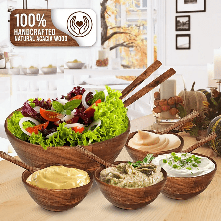 Acacia Wood Salad Bowl with Servers Set - Large 9.4 Inches Solid Hardwood Salad