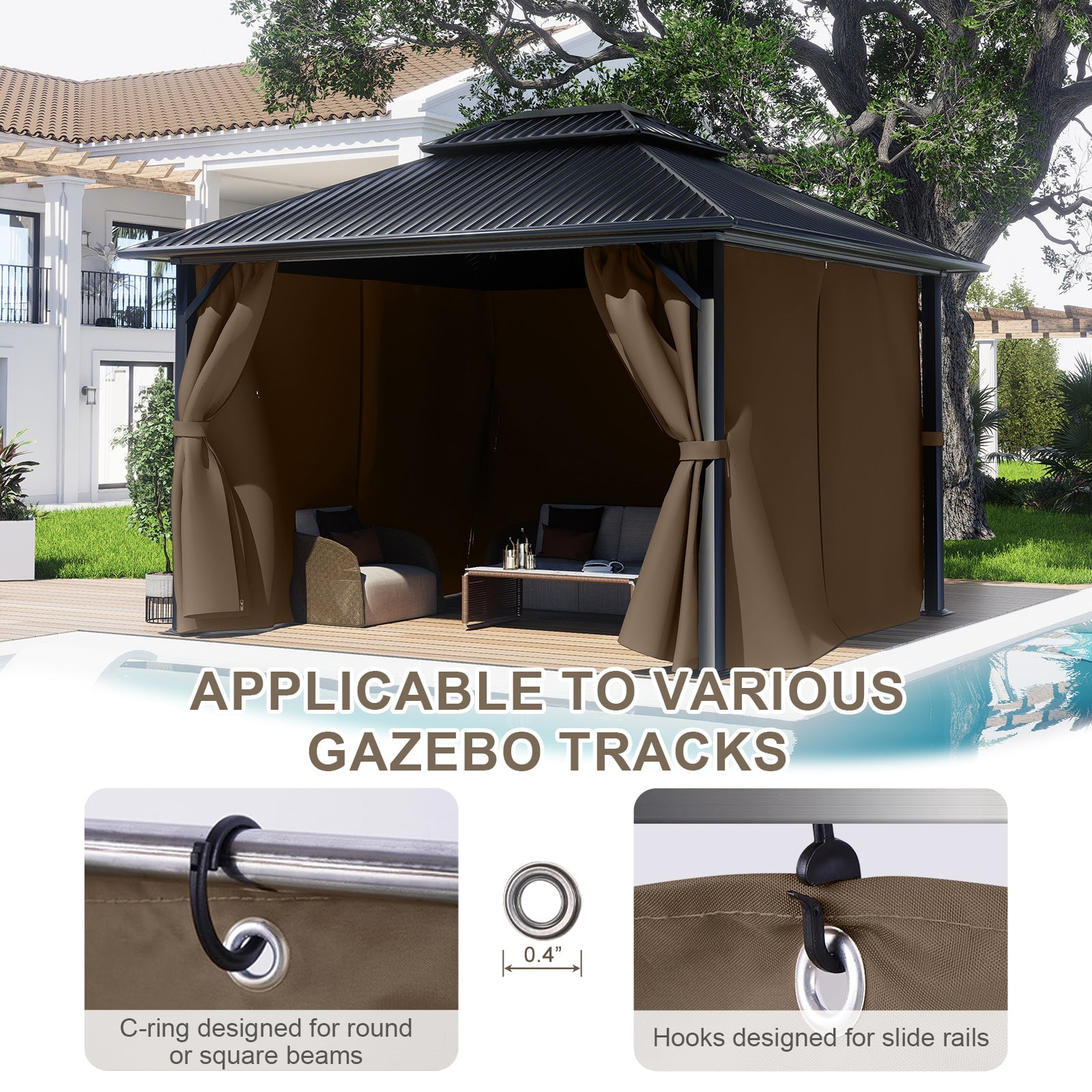 BPS 12'x16' Gazebo Replacement Curtain, Universal 4-Privacy Panel, Outdoor Gazebo Sidewalls with Zipper for Garden, Patio, Yard (Curtains Only)
