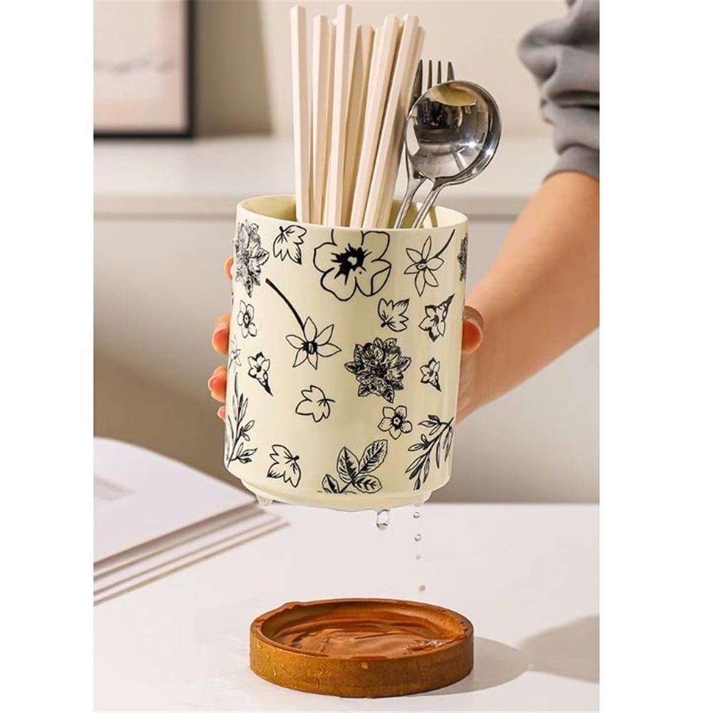 Kitchen Utensil Holder Ceramic for Countertop Utensil Organizer with Drain Tray