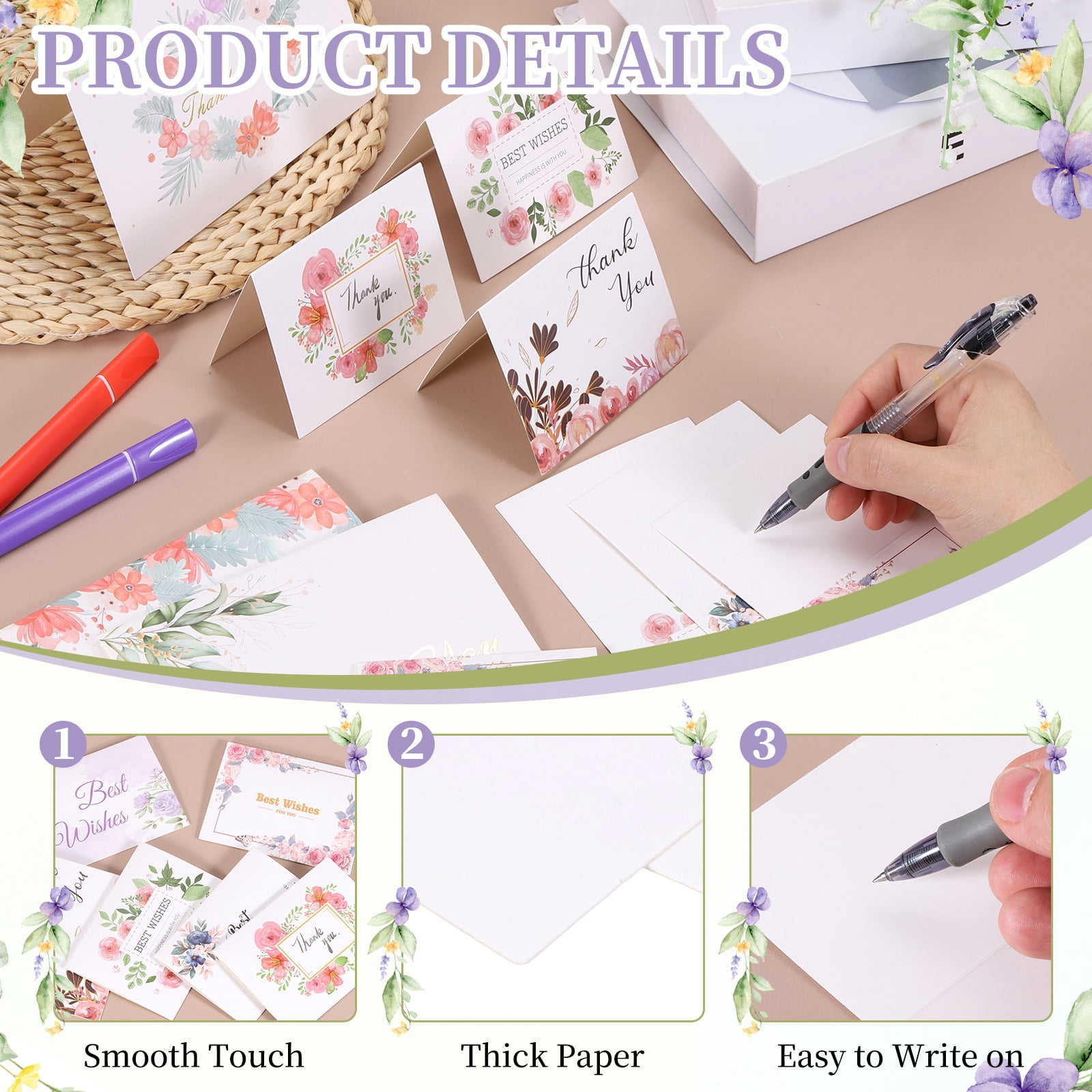 Uxcell 50Pcs Thank You Cards, 5.9"x7.9" Floral Folded Blank Cardstock, Thank You Notes for Greeting Cards Wedding Graduation Birthday DIY Craft Invitations, Twin Daisy Style