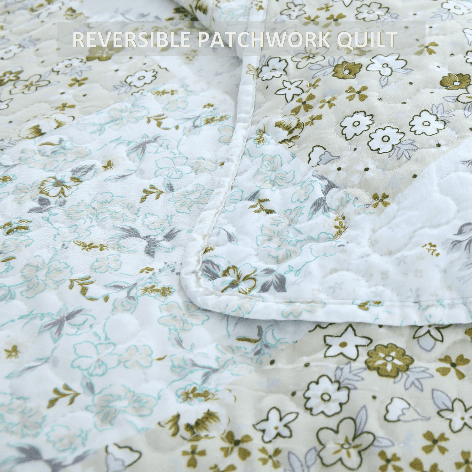 3-Piece King Size Quilt Set, Greagle Lightweight Patchwork King Spring Summer Quilt Bedspreads Full Size Bedding Set with Pillow Shams, 104x90 inch Beige Floral Plaid Print