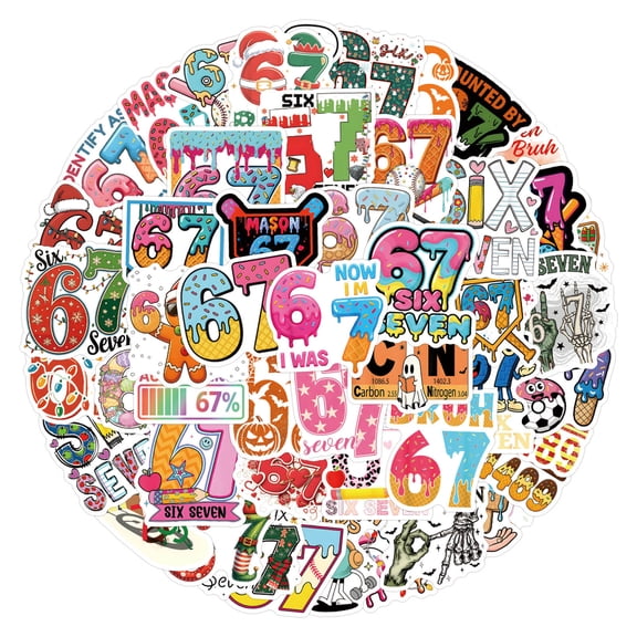 Six Seven Stickers, 57 Fun Number 67 Stickers, Vinyl Material, Gift Set, Suitable for Cell Phones, Water Bottles, Suitcases, Laptops, Adults And Teenagers.
