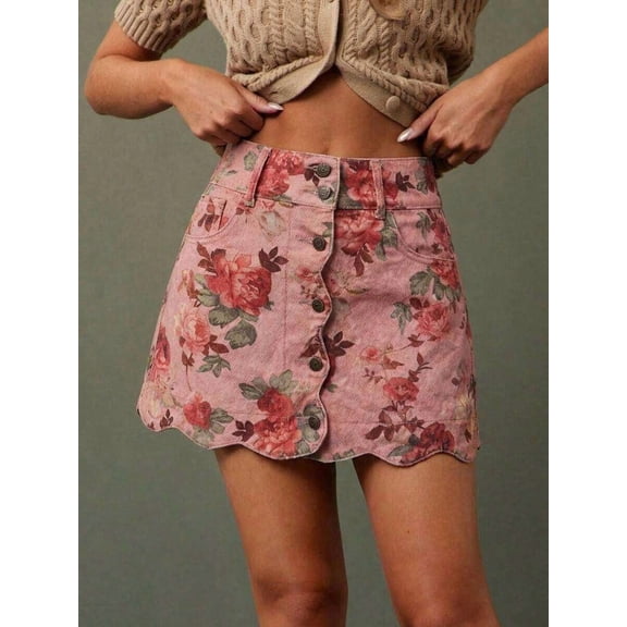 Pink Floral Print High Waist Scalloped Button-Front A-Line Denim Mini Skirt