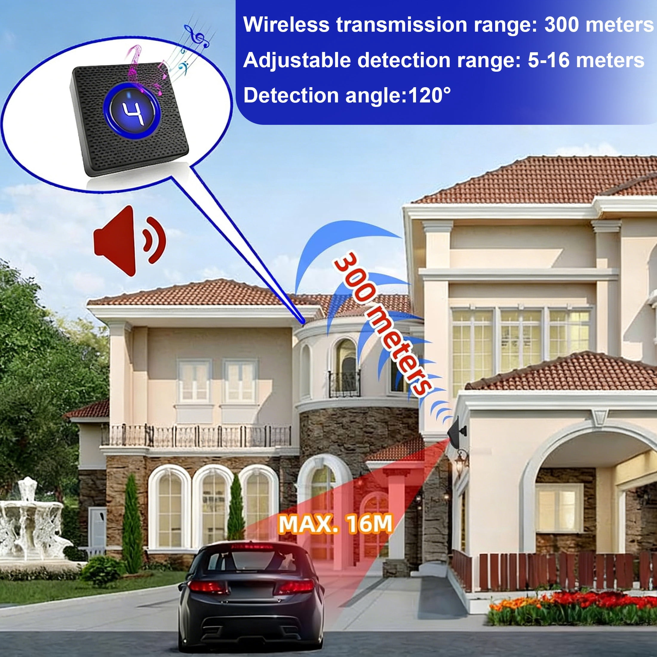 GJX Outdoor Waterproof Solar Driveway Alarm,984 Ft Long Range Wireless Driveway Alarm,Garage Intruder Pir Motion Sensor Alarm,Alarm System with 1 Receiver and 2 Sensor