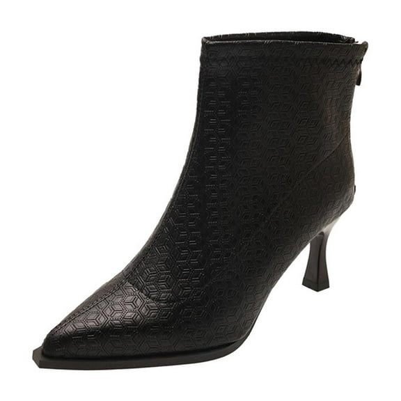 Black Women Pointed Toe Ankle Boots Back Zipper High Heel Pattern Detail For Winter Wear