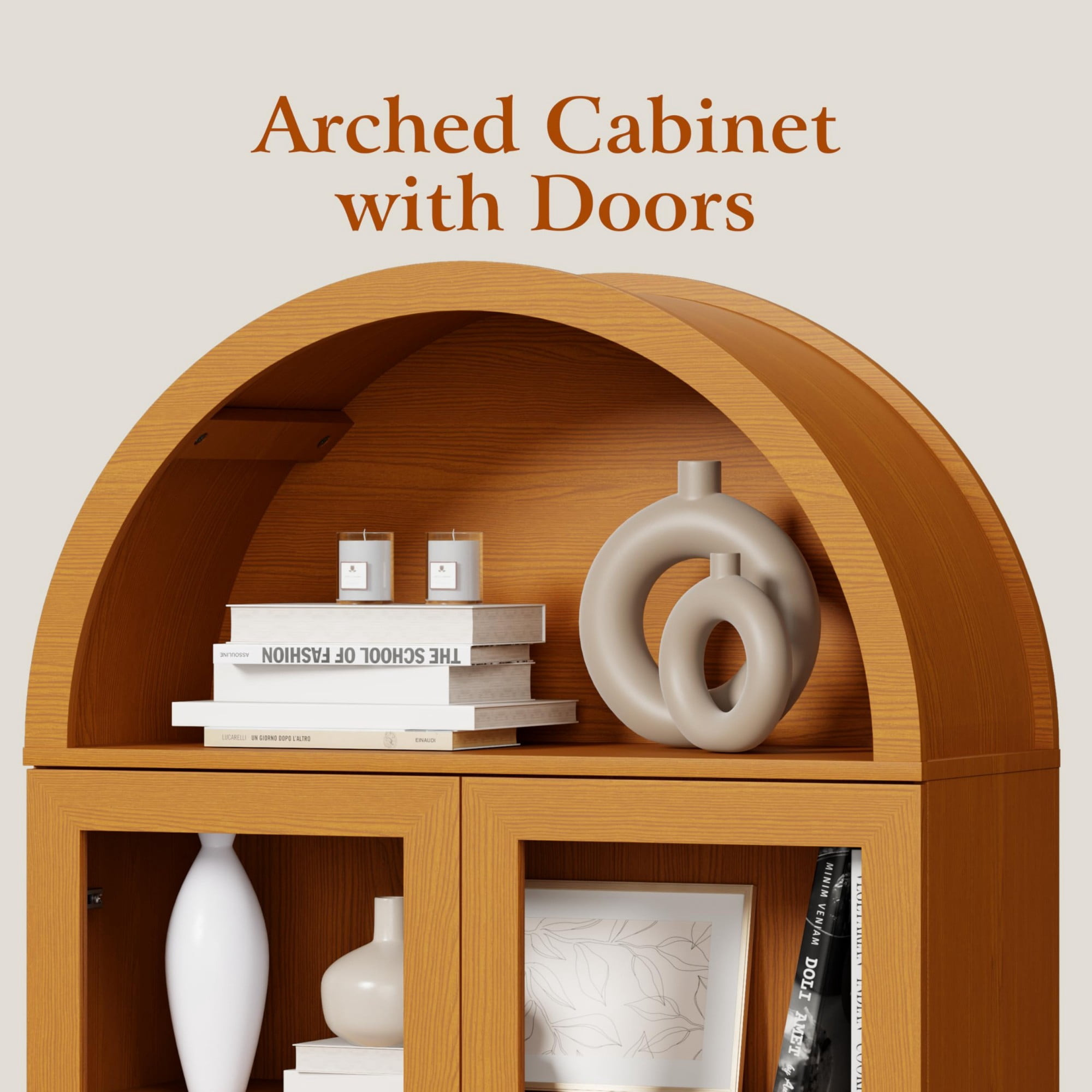71 Inch Arched Cabinet with Glass Sliding Doors, Fluted Tall Pantry Cabinet with Adjustable Shelves, Yellow
