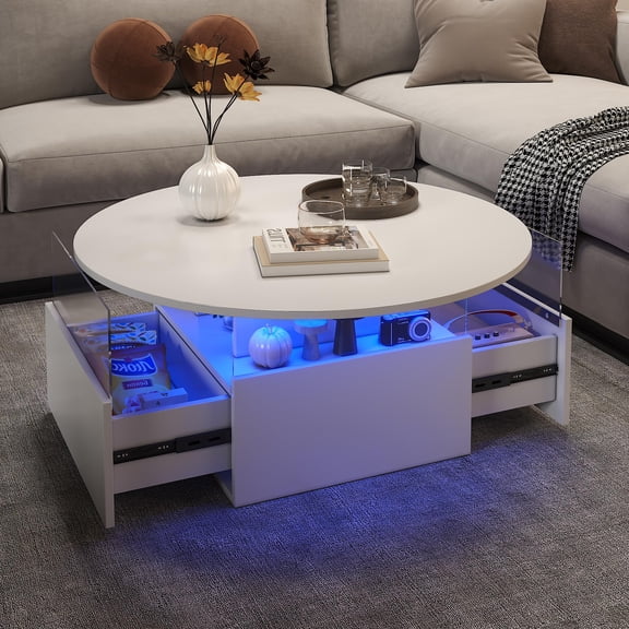 Round Coffee Table with LED Lights and Storage Drawers, Modern White Center Table with Acrylic Frame and Hidden Compartment for Living Room Reception Dining Area