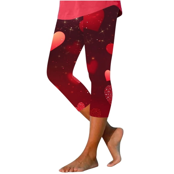 LEKWK Plus Size Womens Capri Pants Slim Fit Heart Graphic Print Capris Pants Stretchy Soft Workout Pants for Valentine Outfits and Daily Casual Wear