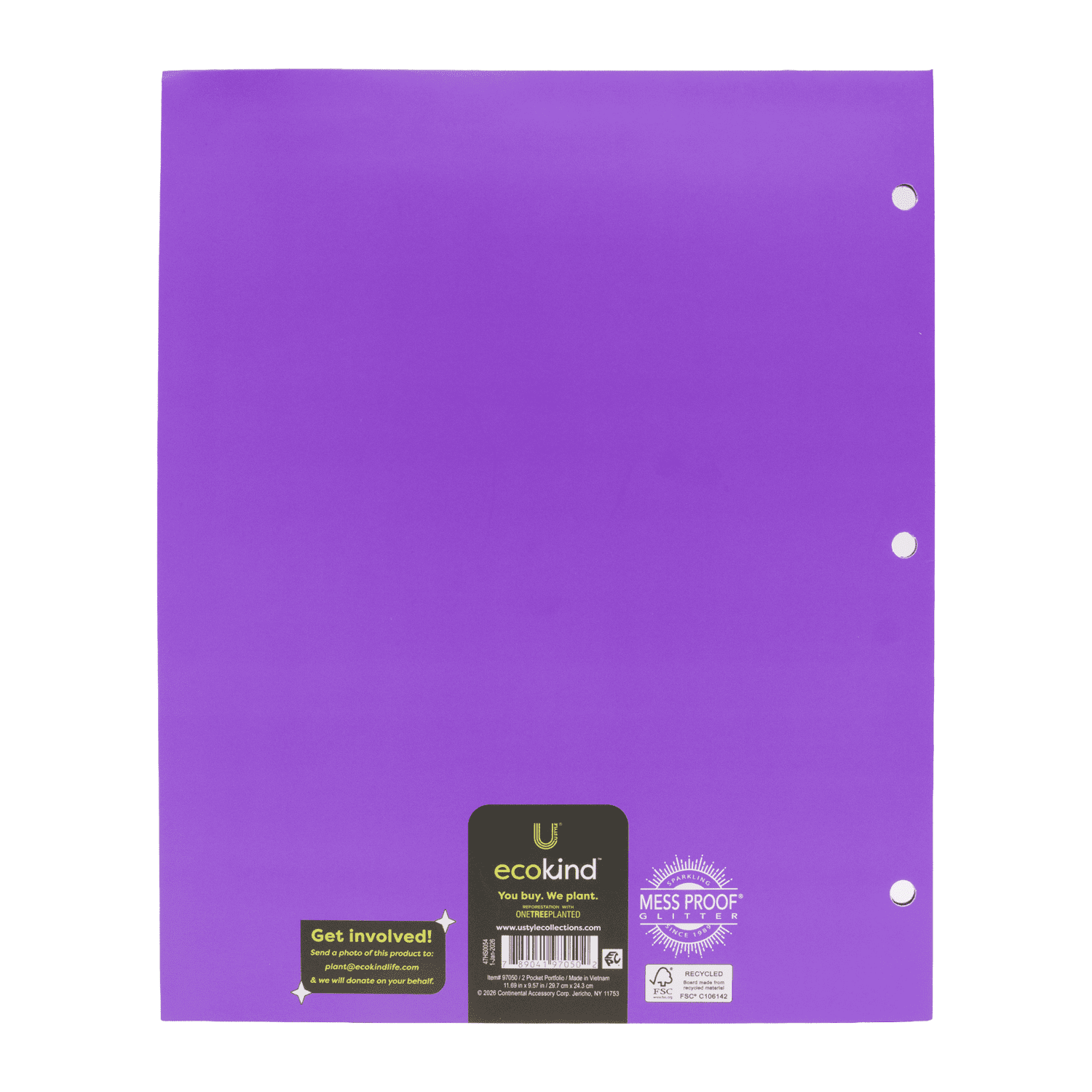 Ecokind Mess-Proof Two-Pocket Glitter Folder, Purple Shimmer