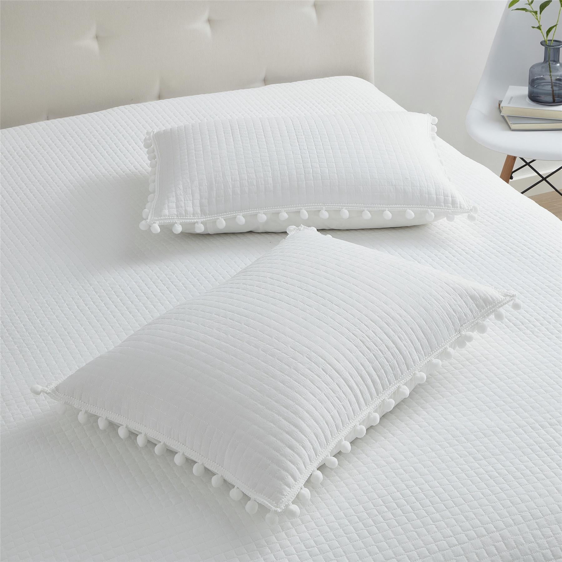 DBOZE Boho Pom Pom Ball Fringe King Quilt Sets, 3 Pieces White Lightweight Down Alternative Bedding Quilt Sets for all seasons