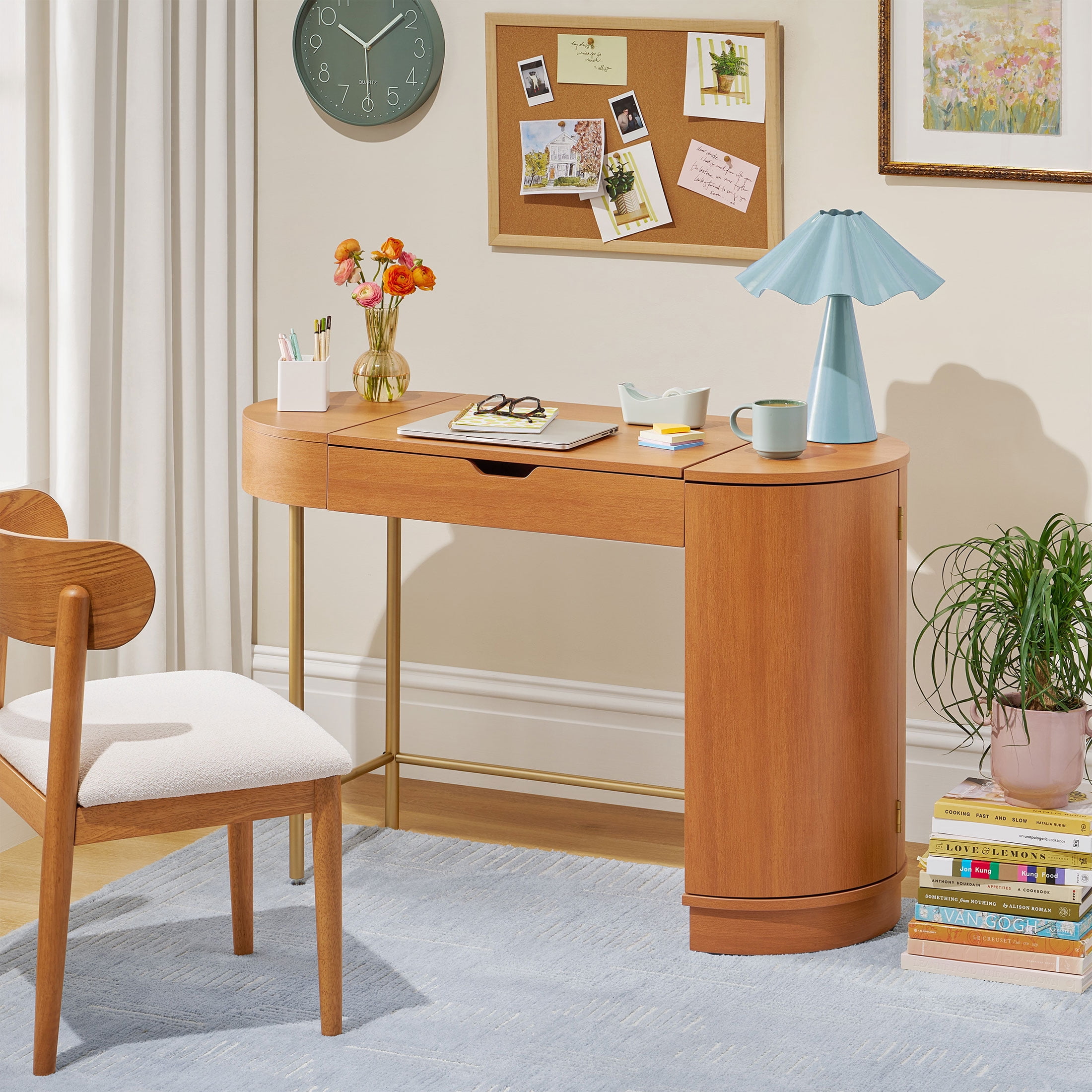 Beautiful Mae Vanity by Drew Barrymore with Hinged Mirror, Cherry Finish, Power Station