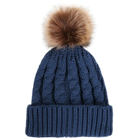Unisex Winter Handcraft Knit Faux Fur Pom Beanie Hat Denim Blue