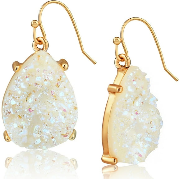 Humble Chic White Opal Druzy Earrings for Women Dangle - Boho Sparkly Teardrop Earrings