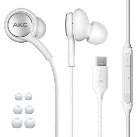 Earbuds USB C Headphones for ZTE Blade A7P - Designed by AKG - Braided Cable with Microphone and Volume Remote Type-C Connector - White