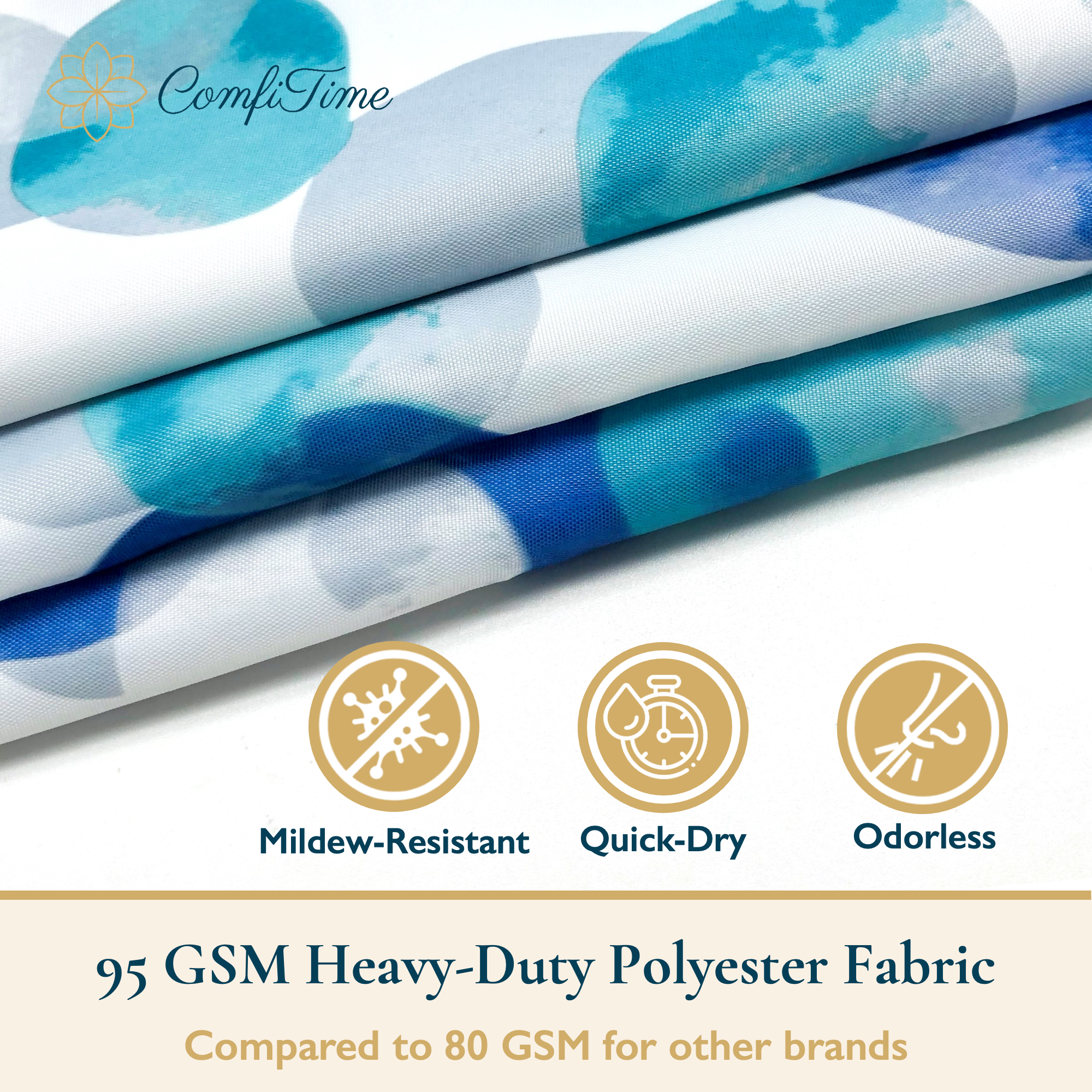 ComfiTime Shower Curtain, Waterproof Floral, 72" x 72", Blue photo 3