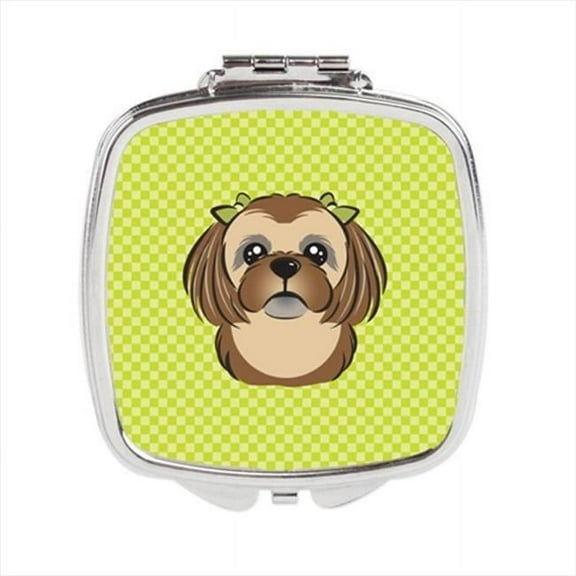 Checkerboard Lime Green Chocolate Brown Shih Tzu Compact Mirror, 2.75 x 3 x .3 In.