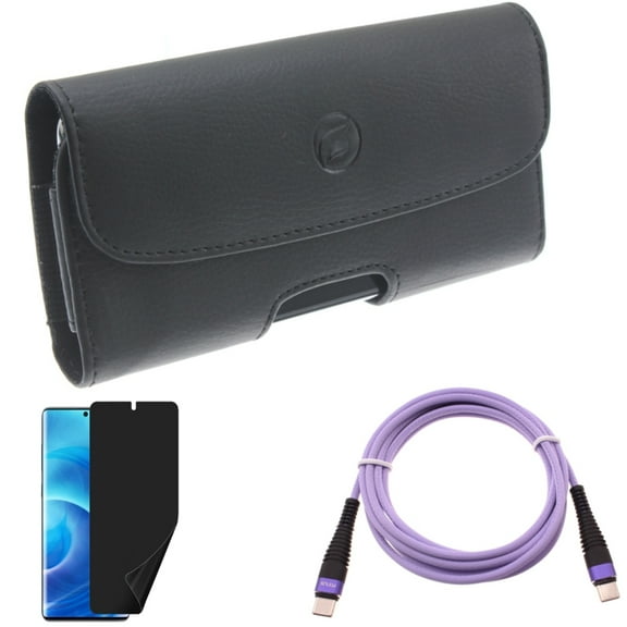 Privacy Screen Protector w Case Belt Clip w Purple 6ft PD Cable for Samsung Galaxy S20 - TPU Film [NOT GLASS], Leather Holster, Type-C to USB-C Long Charger Cord W4W fits Samsung Galaxy S20 Model