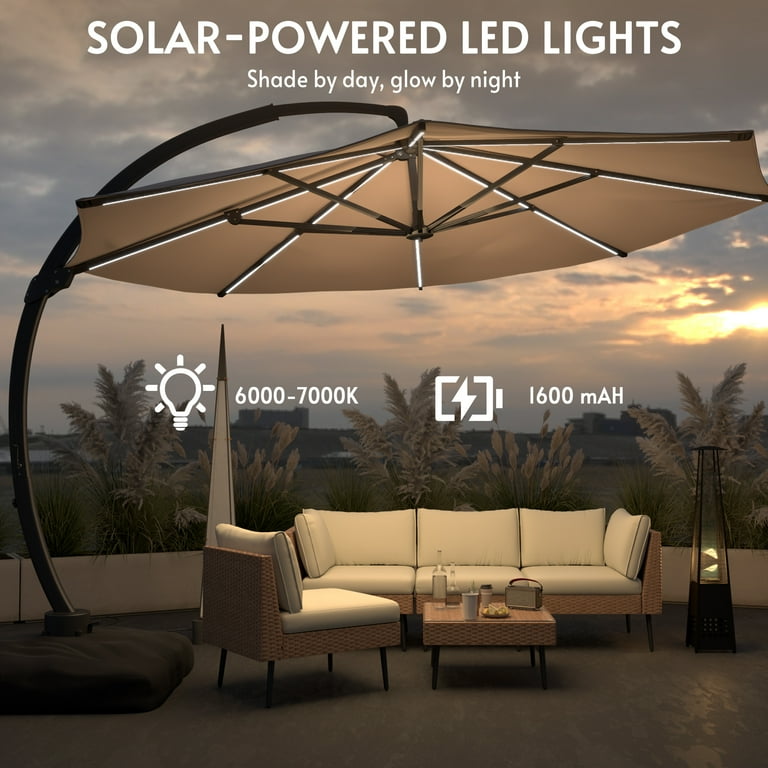11FT Solar Powered LED Light Cantilever Patio Umbrella with Base Included,  Large Cantilever Umbrella with 360Rotation, Heavy-Duty Offset Outdoor ...